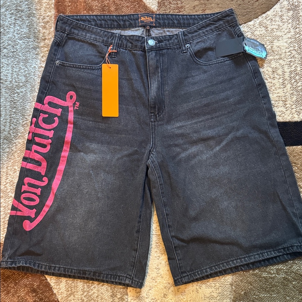 Von Dutch Charcoal Shorts with Vibrant Pink Logo